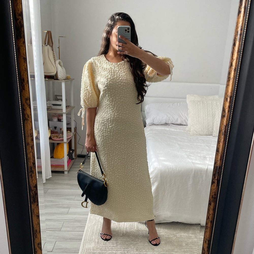 English Factory Cream Textured Puff Sleeve Dress - Picture 3 of 7